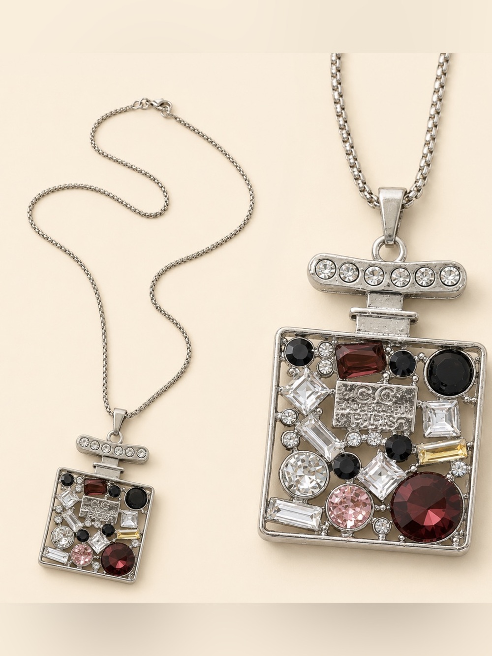 Silver Multi-Stone Square Pendant Necklace - Women Steel